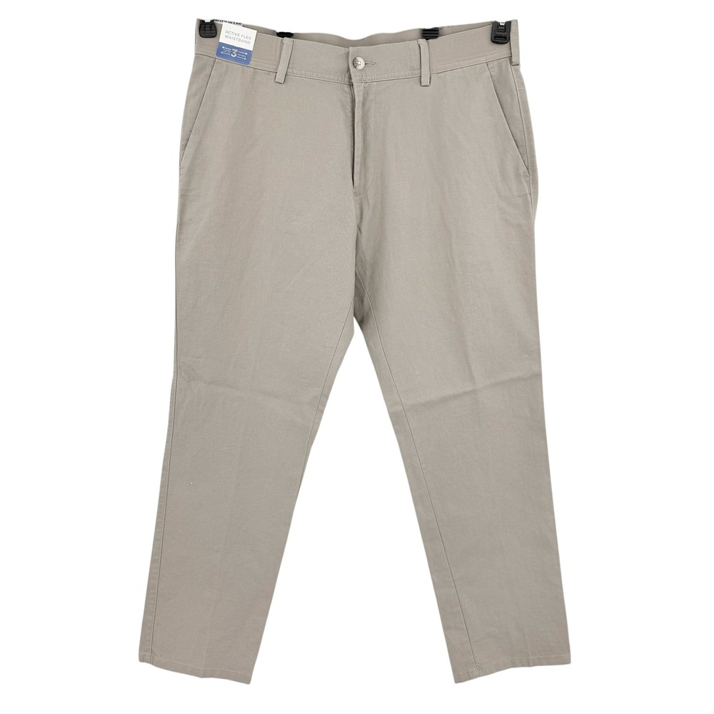 Haggar Mens Comfort Luxe Linen Blend Straight Fit Tan Pants 38x30 Flat Front NWT
